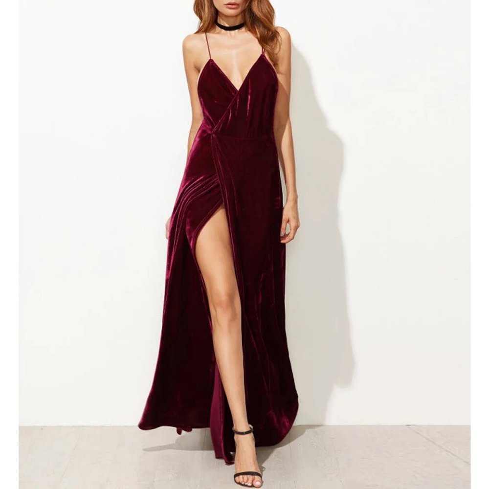 NEW A-line red velvet backless maxi evening dress